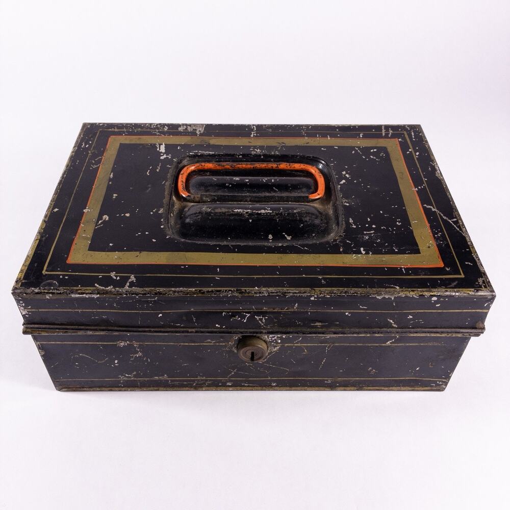 Antique Vintage Black Gold Painted Toleware Metal Bankers Cash Document Box